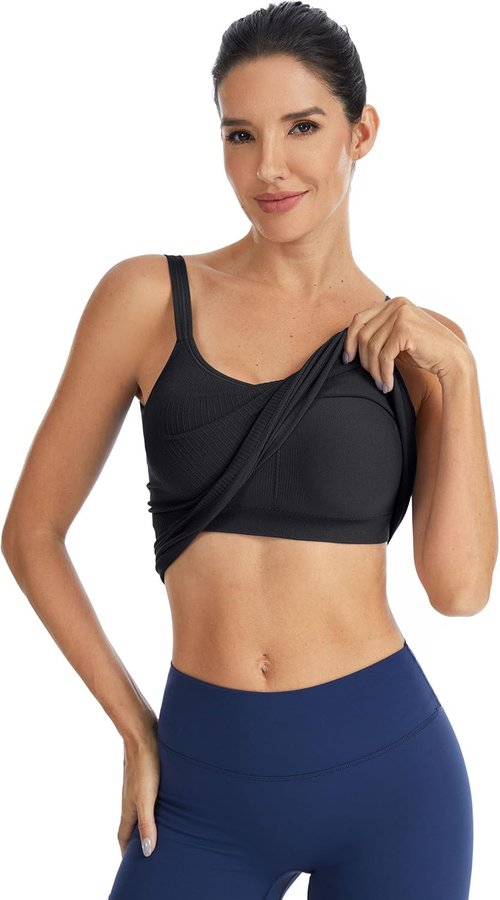 ATTRACO Ribbed Workout Tank Top - Built-In Bra Yoga U Back Crop Top for Women | Tight Fit Gym Wear