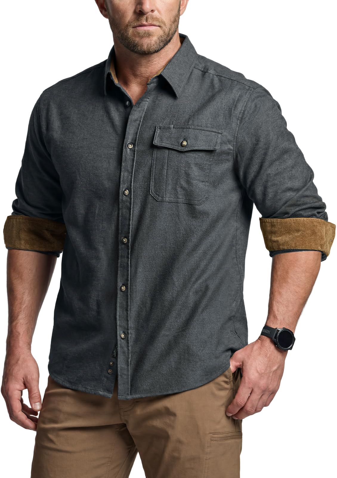 CQR Men's 100% All Cotton Button Down Flannel Shirts, Long Sleeve Brushed Warm Soft Casual Outdoor Plaid Shirt, Corduroy Grey, Small