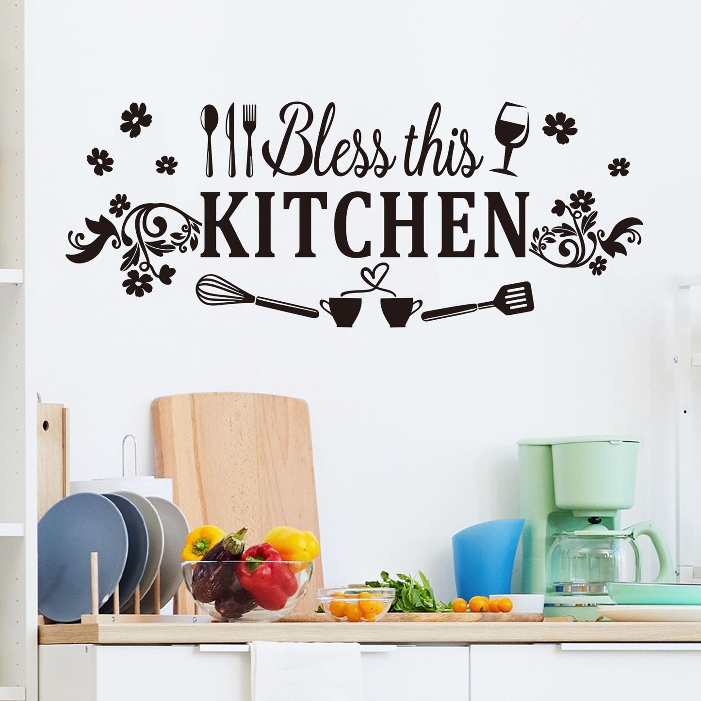 Family Quotes Wall Stickers for Kitchen: Inspirational Home Vinyl Art Wall Decals for Dining Room Living Room Pantry - Bless This Kitchen 23" X 9"