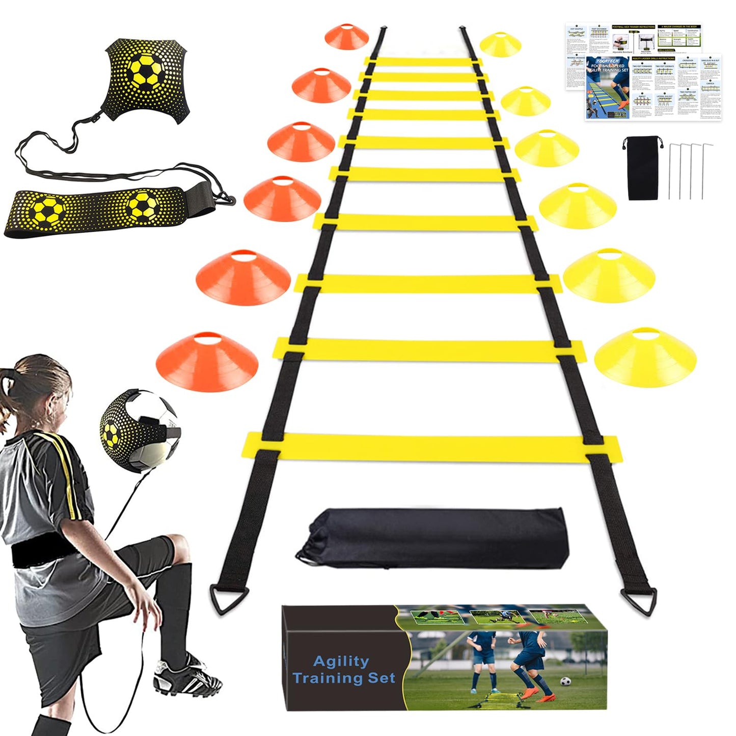 YGORTECH Soccer Training Equipment Set - 20FT Agility Ladder, 12 Soccer Cones, Kick Trainer, Speed and Agility Training Equipment for Indoor/Outdoor Practice Yellow Ladder