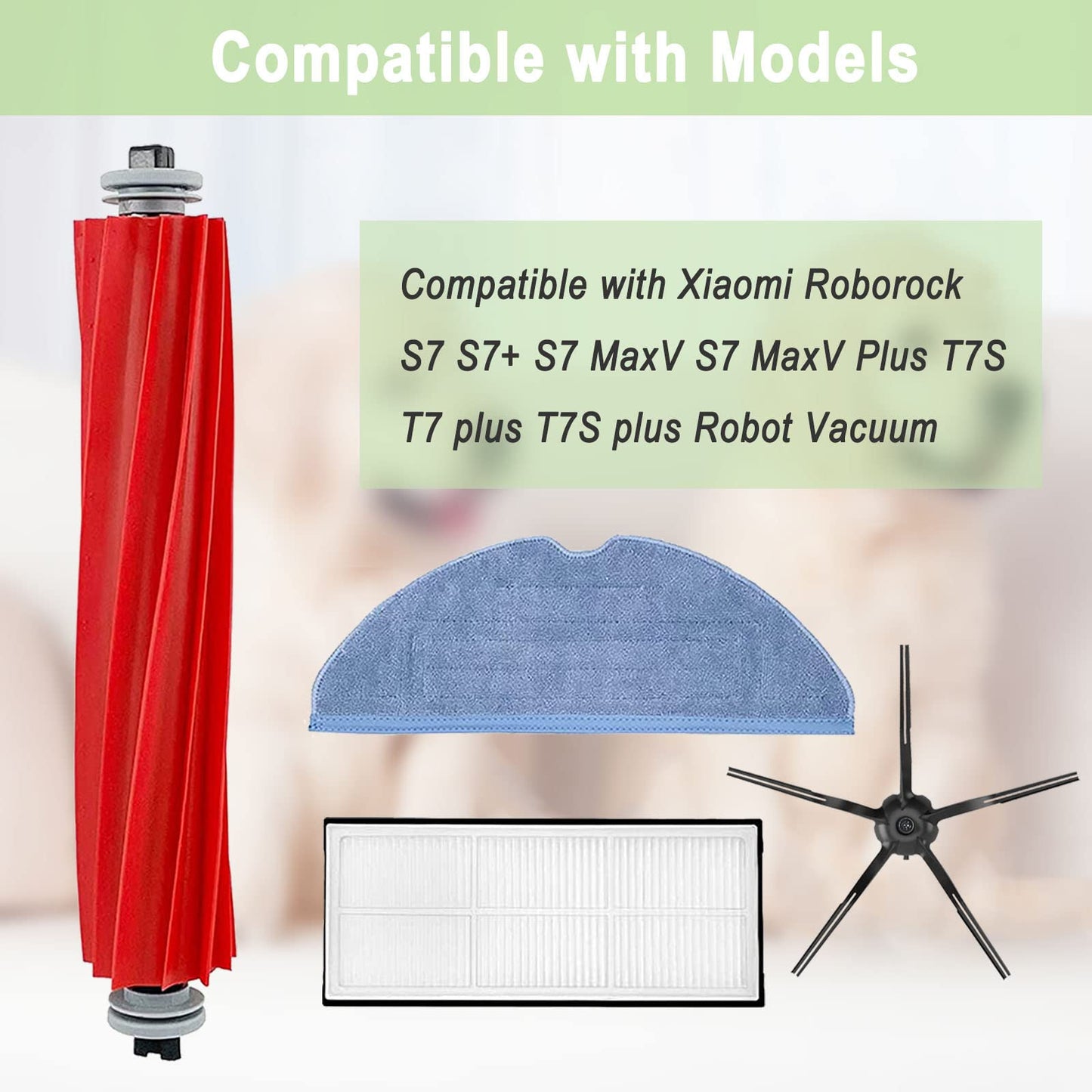 Roborock Compatible Replacement Parts Compatible with Roborock S7 S7+ S7 MaxV, S7 MaxV Plus T7S T7 plus T7S plus Robot Vacuum, 2 Roller Brush, 4 Filter, 6 Side Brush, 4 Mop Cloth
