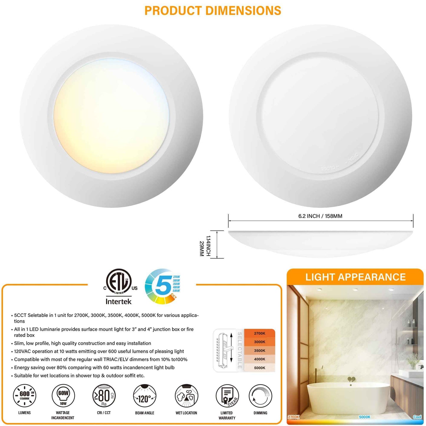 JULLISON 10 Packs 4 Inch White LED Low Profile Recessed & Surface Mount Disk Light, Round, 10W, 600 Lumens, 5CCT Field Selectable, CRI80, DOB Design, Dimmable, Wet Rated & ETL Listed