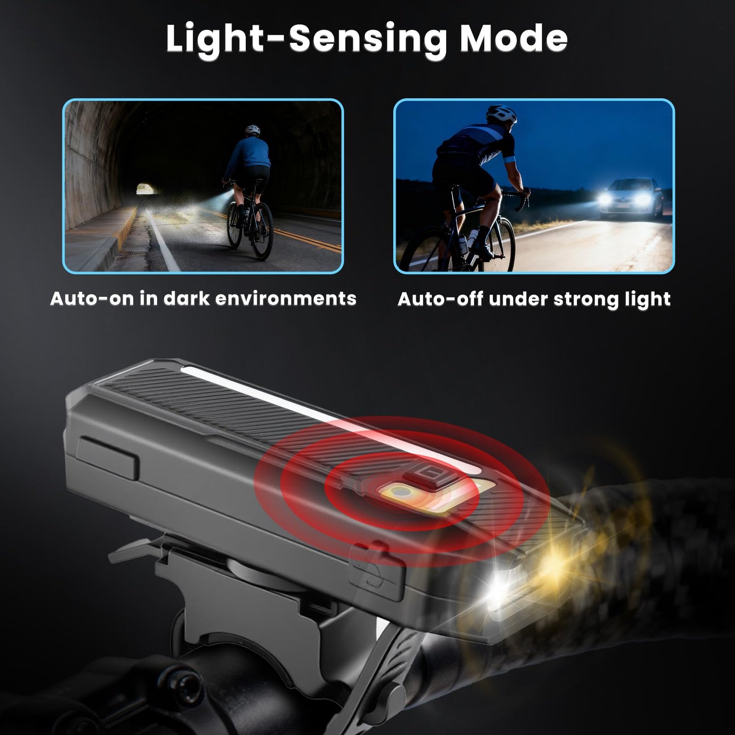 HAARAY Bright LED Bike Headlight with RGB Side Lights & Light Sensor, 5+10 Modes 2400mAh USB-C Rechargeable Bicycle Lights Waterproof, 360°Rotatable Strap Mount Bike Front Lights for Night Riding