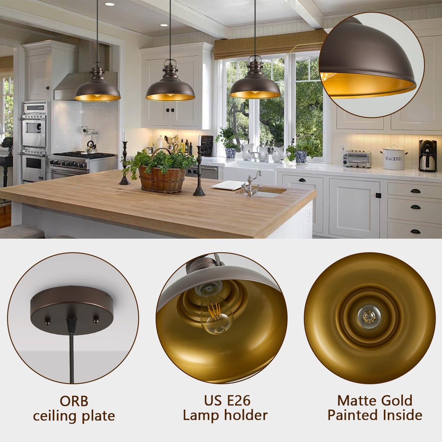 Refice 3 Packs Farmhouse Pendant Lights, Oil Rubbed Bronze Pendant Lighting, lsland Pendant Lights for Kitchen lsland lndustrial Adjustable Height Dome Hanging Lights for Barn, Dining Room