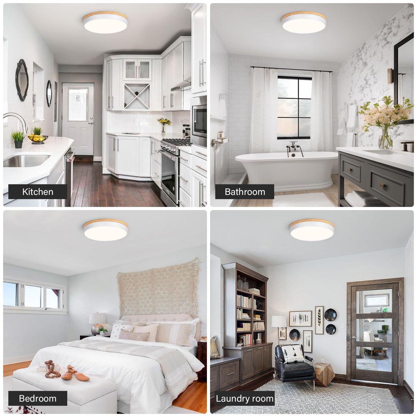 Modern LED Ceiling Light, Dimmable Wood Flush Mount Ceiling Lighting Fixture, 5CCT Round Wood Close to Ceiling Lamp for Kitchen Hallway Bathroom Office Laundry Room Entryway Nursery(White& 15.75 in)