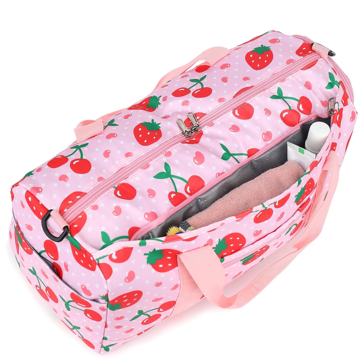 Duffle Bag for Girls Kids Overnight Bags Cute Strawberry Cherry Dance Sports Bag Travel Tote with Shoe Compartment and Wet Pocket
