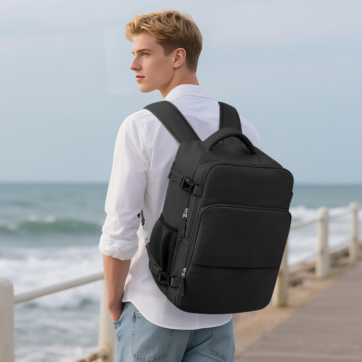 Sinaliy Travel Backpack, Carry on Flight approved Travel Bag with Multi-Pockets, Waterproof 17.3inch Laptop Backpack for Men Women, Black