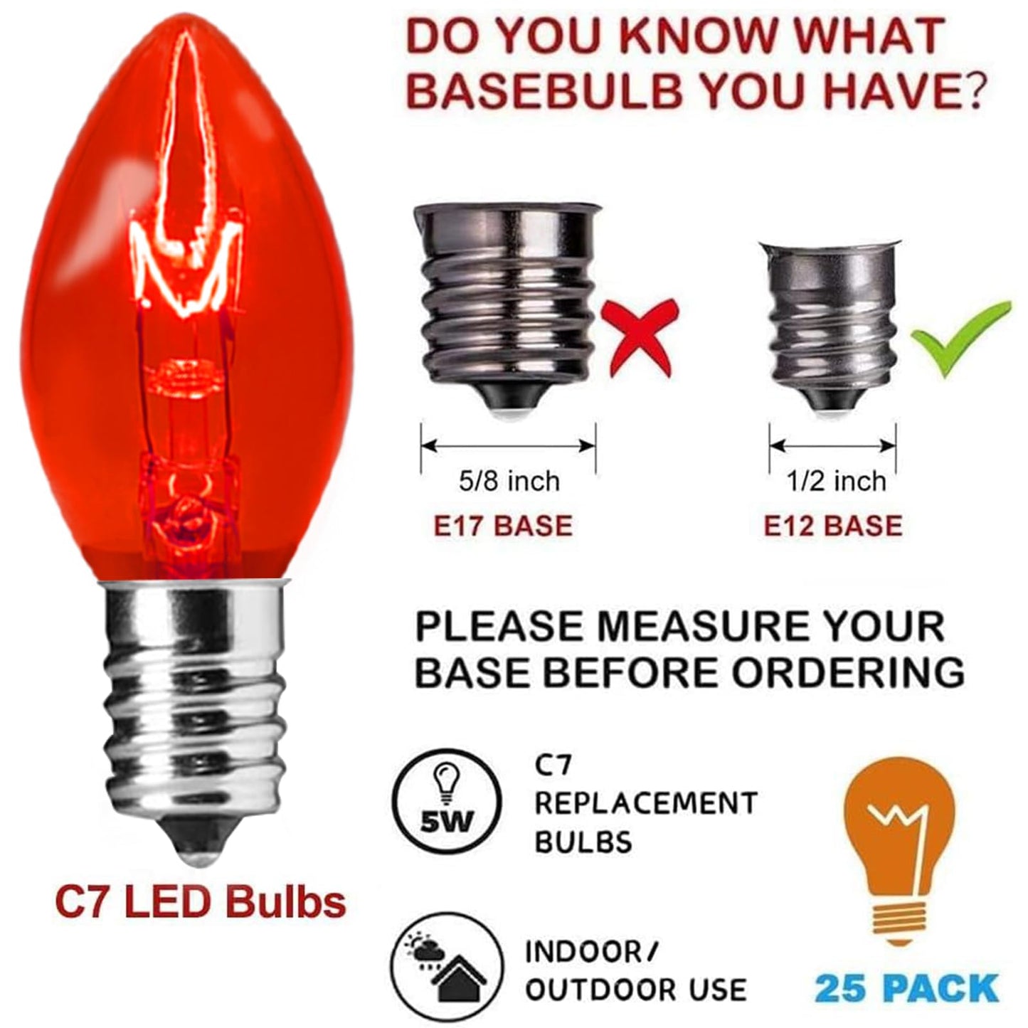 25 Pack C7 Christmas Replacement Light Bulbs, C7 Clear Multi-Color Christmas Lights for Christmas Outdoor Patio Indoor String Lights, C7/E12 Candelabra Base, 5 Watt