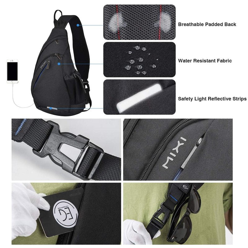 mixi Sling Bag Men Backpack Unisex One Shoulder Bag Hiking Travel Backpack Crossbody with USB Port for Men Women Versatile Casual Daypack-19 inch,Black