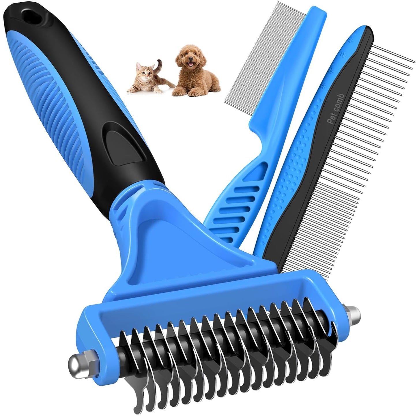 Skiennix Pet Grooming Tool Set - 3PCS Double-Sided Rake, Metal Comb & Flea Comb for Cats & Dogs | Blue