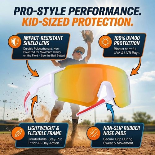 GLARDEFE Kids Baseball Sunglasses - Youth Baseball Sunglasses for Toddler Boys Girls - Sports Softball Shades Age 3-10(White/Orange Mirror + Blue/Blue Mirror)