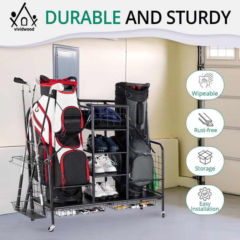Golf Bag Organizer for Garage, Golf Storage Bag Stand, Golf Push Cart for Men and Women, Golf Club and Other Golfing Equipment Accessories Rack, Golf Bag Holder for Garage, Club, Shed, Basement