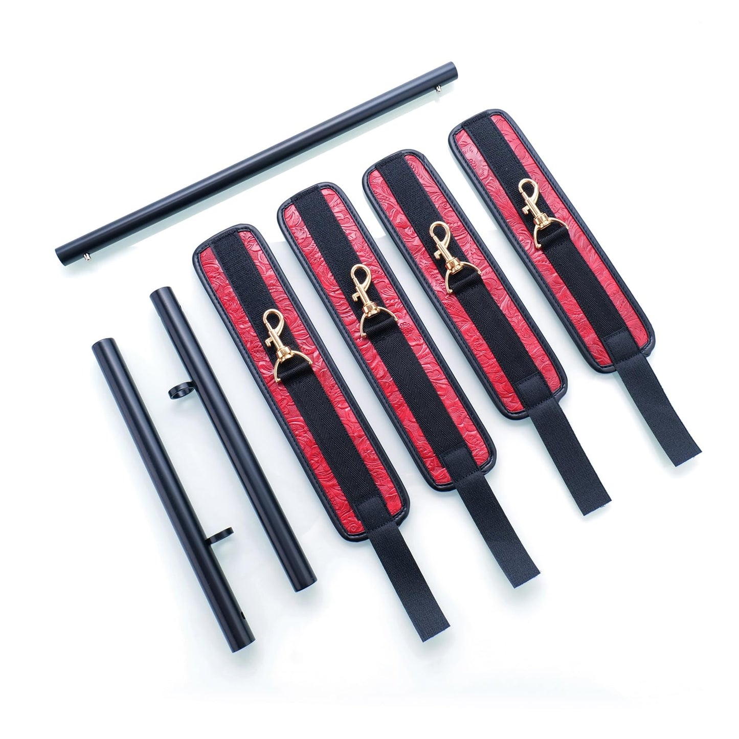 Heavy Duty Stainless Steel Expandable Black Spreader Bar with 4pcs PU Embossed Red Detachable Adjustable Straps,Workout Bar for Home Indoor Gym Training Kit