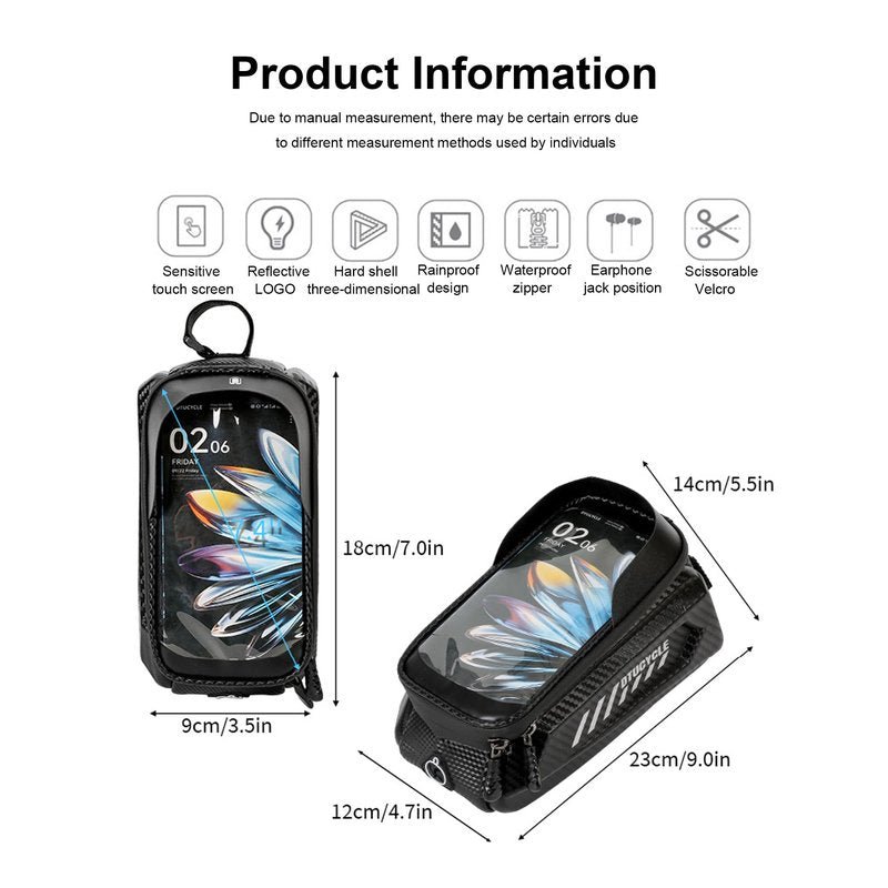 Lythor Bike/Bicycle Phone Holder Bag, Bicycle Front Frame Bag, Waterproof Tube Bag, Bike Accessories, Cycling Pouch with TPU Touch-Screen& Sun-Visor Compatible Phone Under 6.5” (Black)