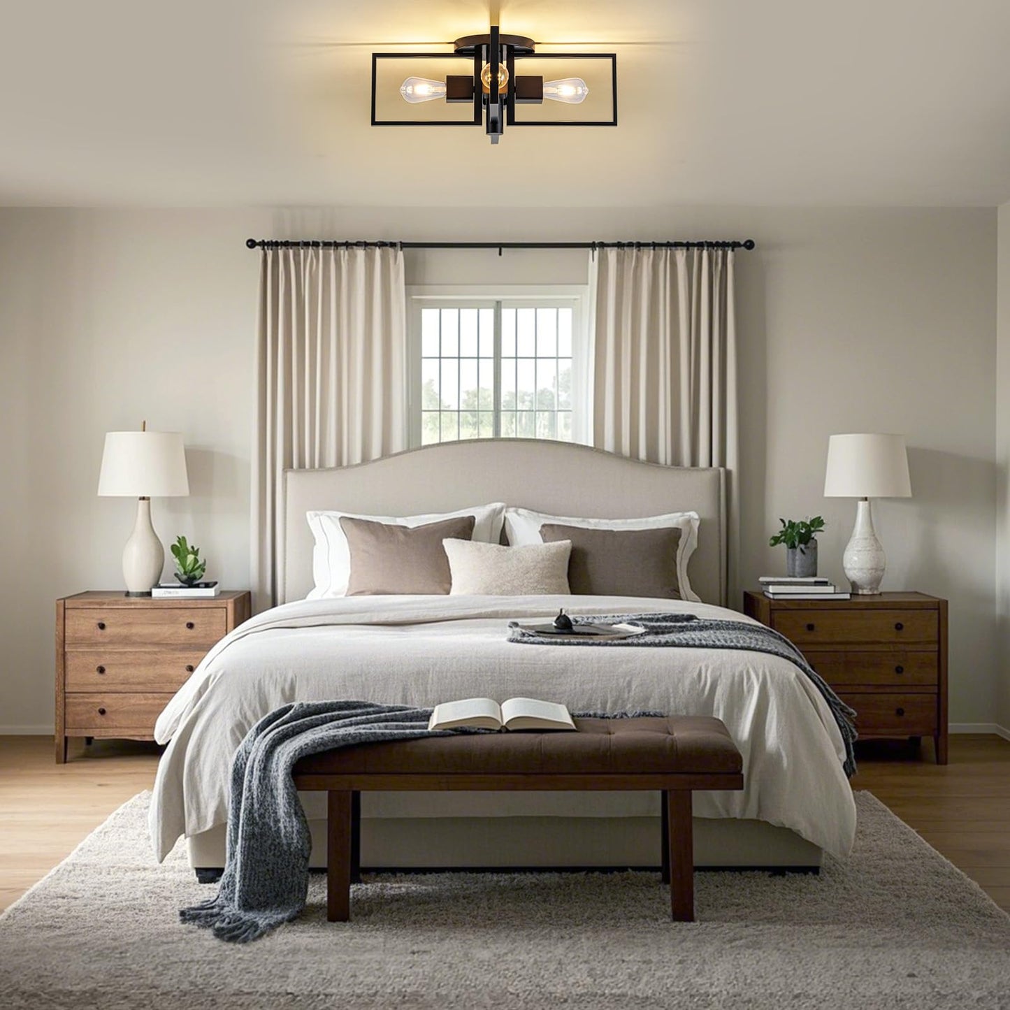 fengkeDU Industrial Ceiling Light Black 4 Light Semi Flush Mount Lights Wood Sputnik Light Fixture 24" Farmhouse Ceiling Light for Kitchen Bedroom Bathroom Foyer Hallway(E26