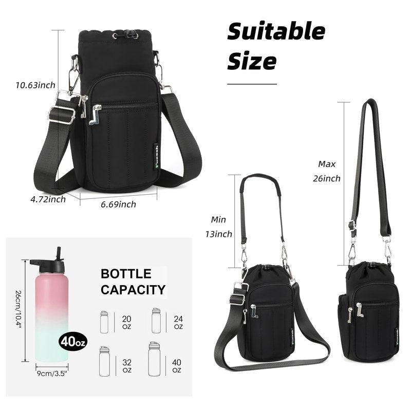 Rueesh Women Water Bottle Holder Bag with Adjustable Strap, Insulated Water Bottle Carrier RFID Crossbody Sling Bag for Hiking Walking Gym Travel,Black