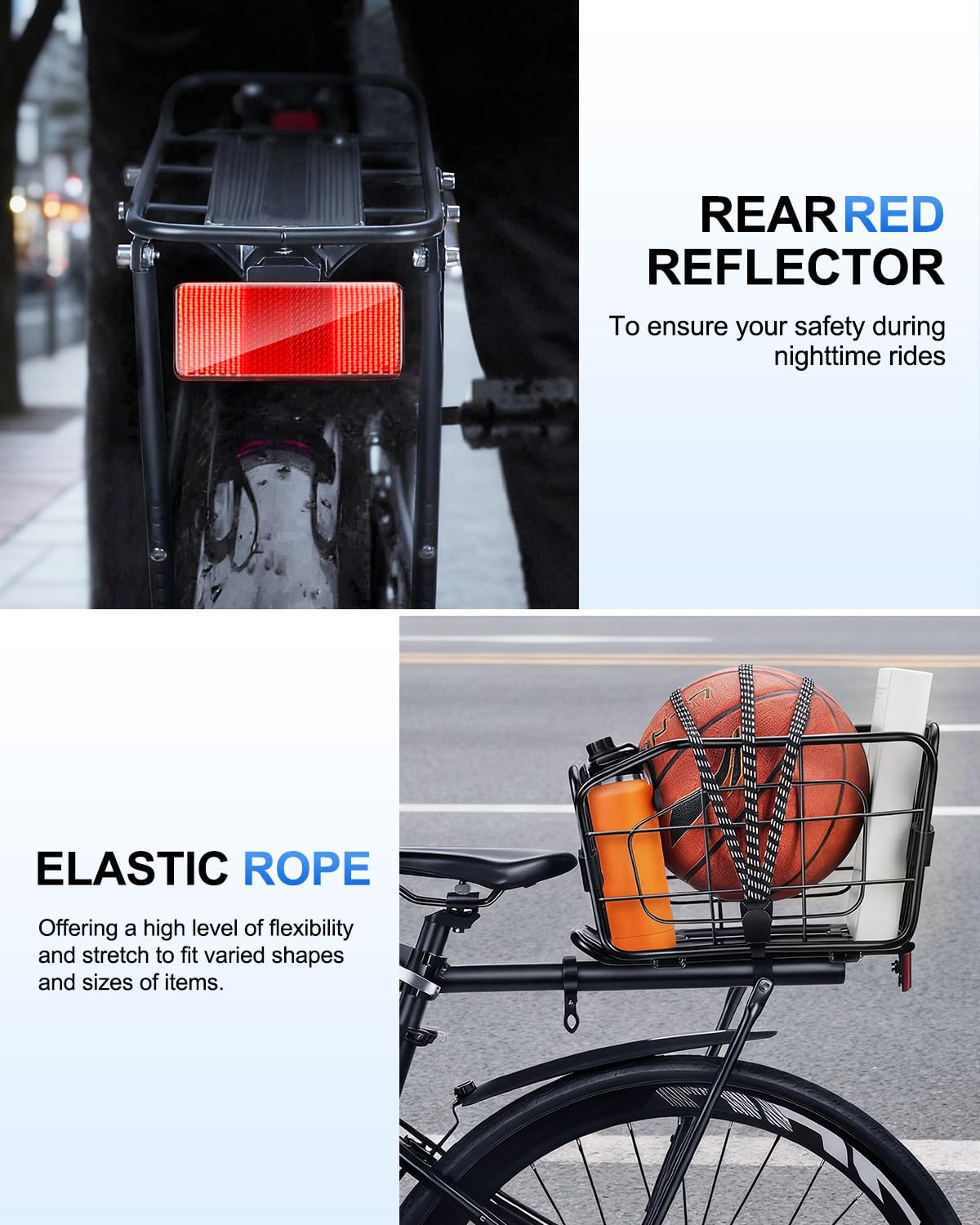 POWVINE Rear Bike Basket, Aluminum Bike Cargo Rack, 22L Capacity Bicycle Basket, Foldable & Removable for Adult Bikes (Tube≤34mm), 165lbs Capacity, Includes Reflector & Bungee Cords