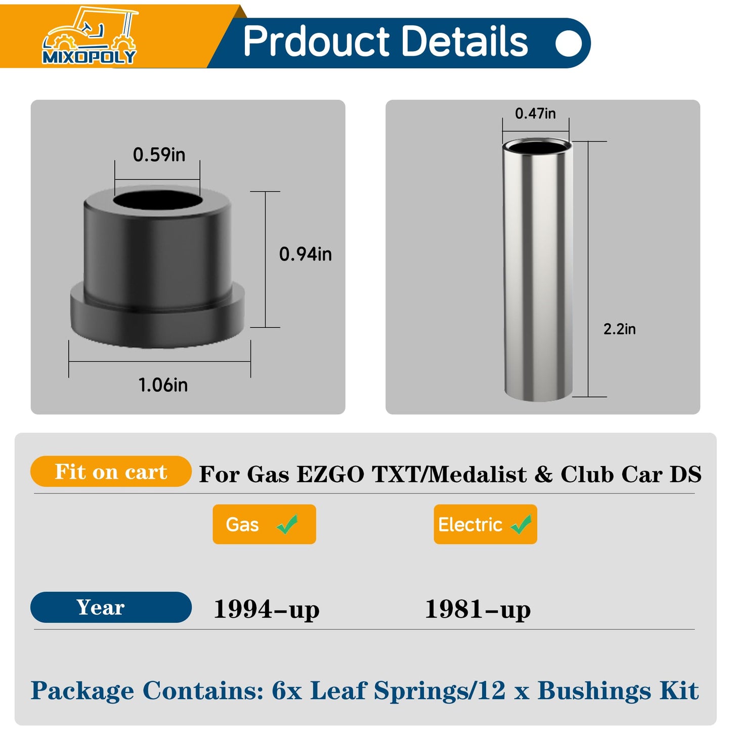 Mixopoly Golf Cart Rear Leaf Spring Bushing Sleeve Kit for Club Car DS 1981+ and EZGO TXT/Medalist 1994+, Replace OEM 1012303 1015583 70289-G02 70291-G01