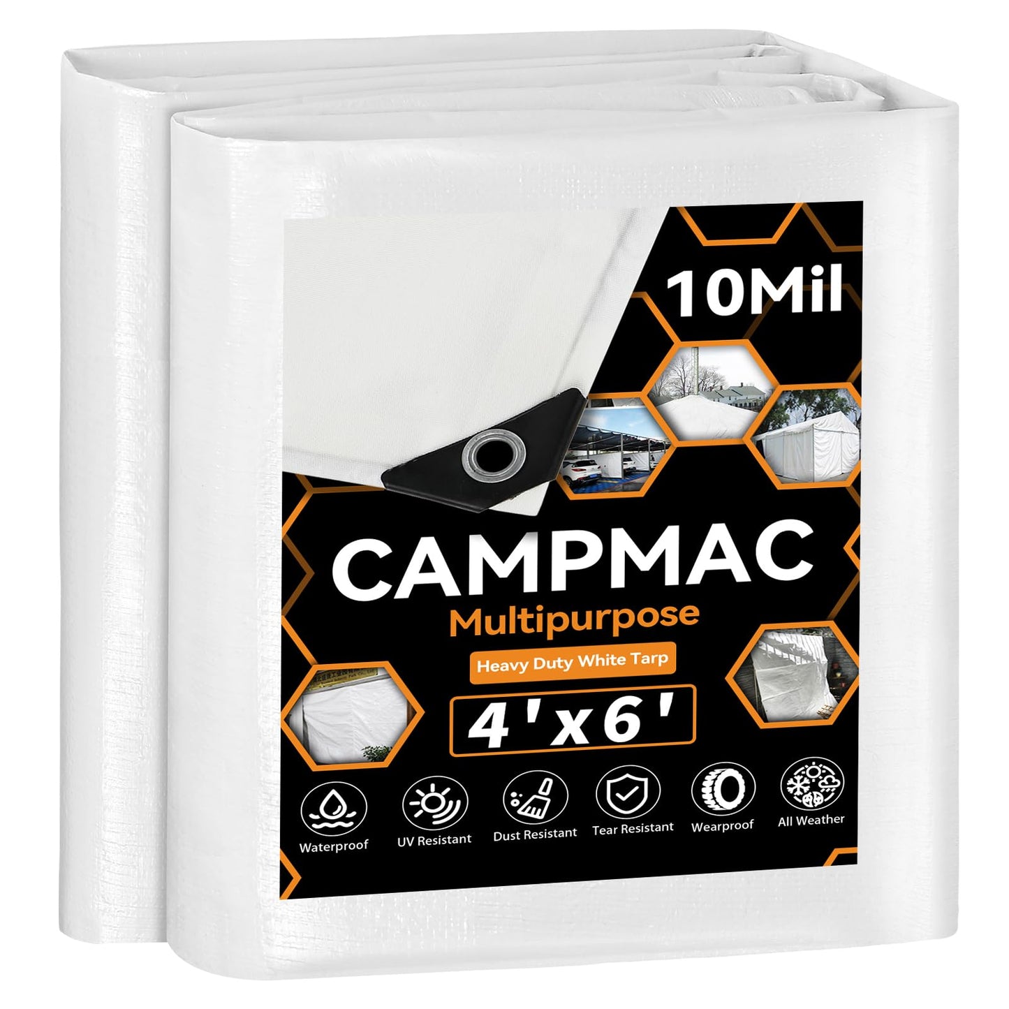 CAMPMAC White Heavy Dut Waterproof Tarp 4' x 6', 10 Mil Thick, High Durability, Rip and Tear Resistant with Metal Grommets Every 20 Inches