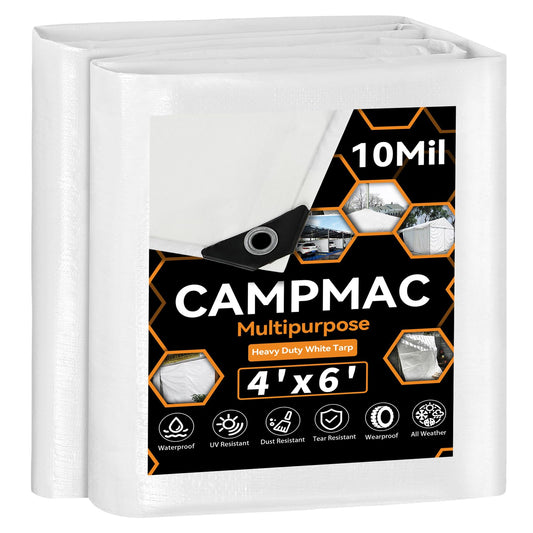 CAMPMAC White Heavy Dut Waterproof Tarp 4' x 6', 10 Mil Thick, High Durability, Rip and Tear Resistant with Metal Grommets Every 20 Inches
