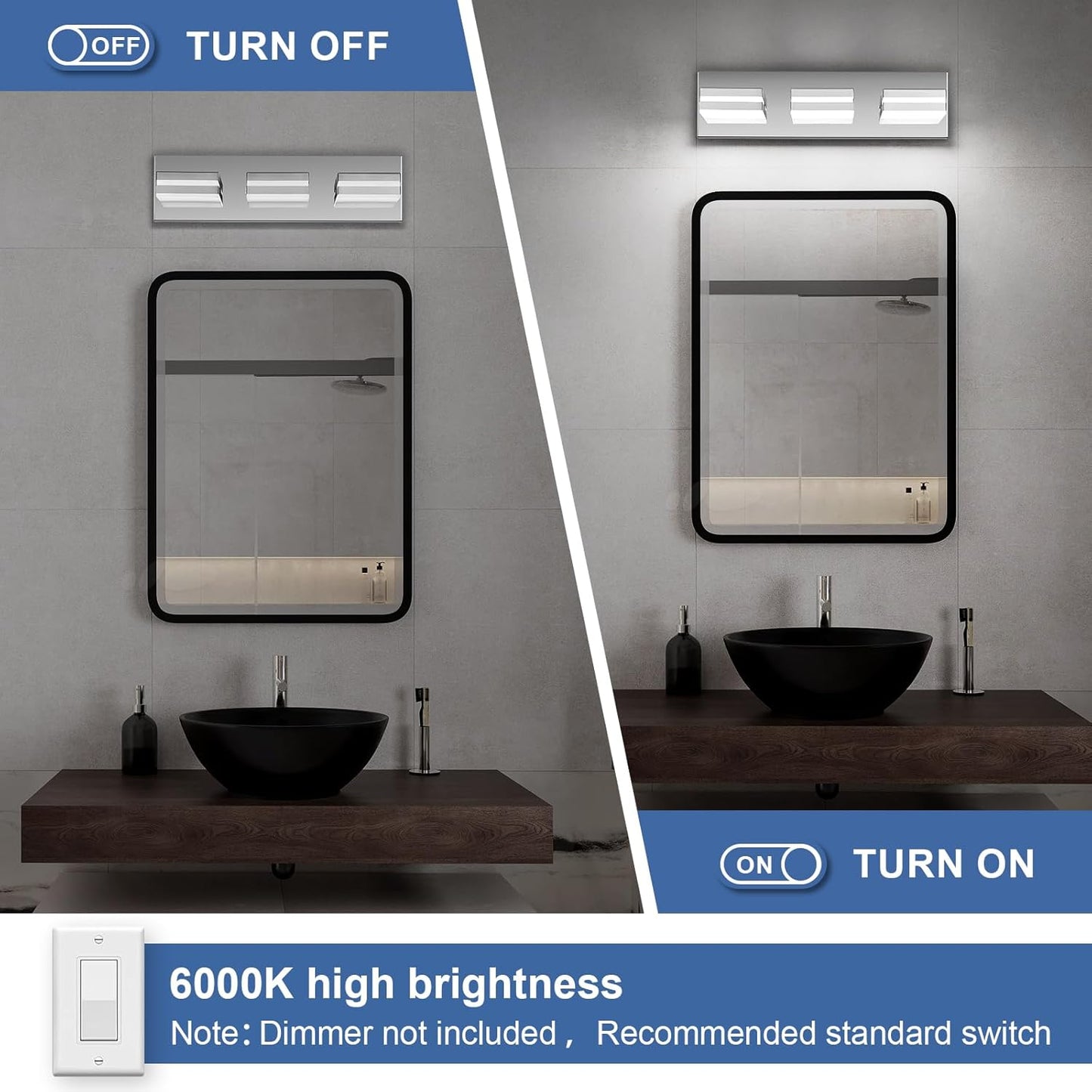 3-Light Modern LED Bathroom Vanity Light Fixture - Black Metal & Acrylic, 16-inch Over Mirror Lighting