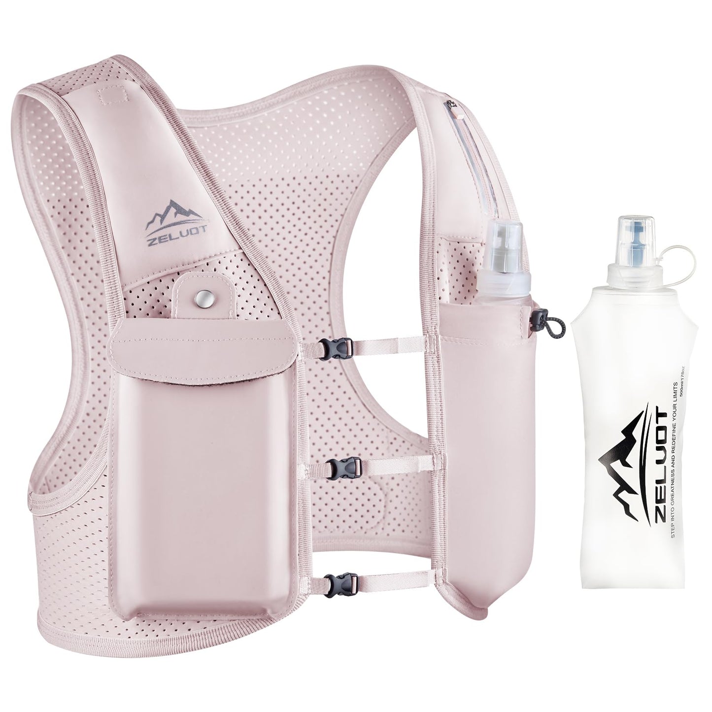 Zelvot Running Vest for Women Men, USA Original Patent, Adjustable Chest Straps Running Hydration Vest with 500ml Soft Flask, Breathable Reflective Hydration Backpack for Hiking (Pink, M/L)