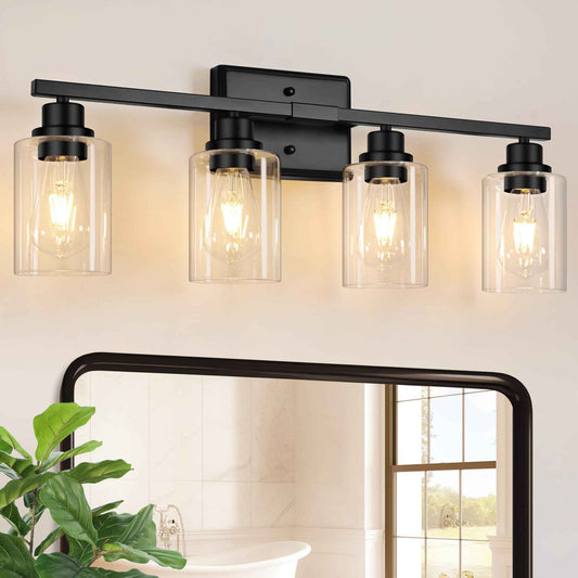 Unicozin Modern Bathroom Light Fixtures, 4 Light Vanity Lights Over Mirror, Black Wall Lamp with Clear Glass for Living Room Cabinet Bedroom Porch