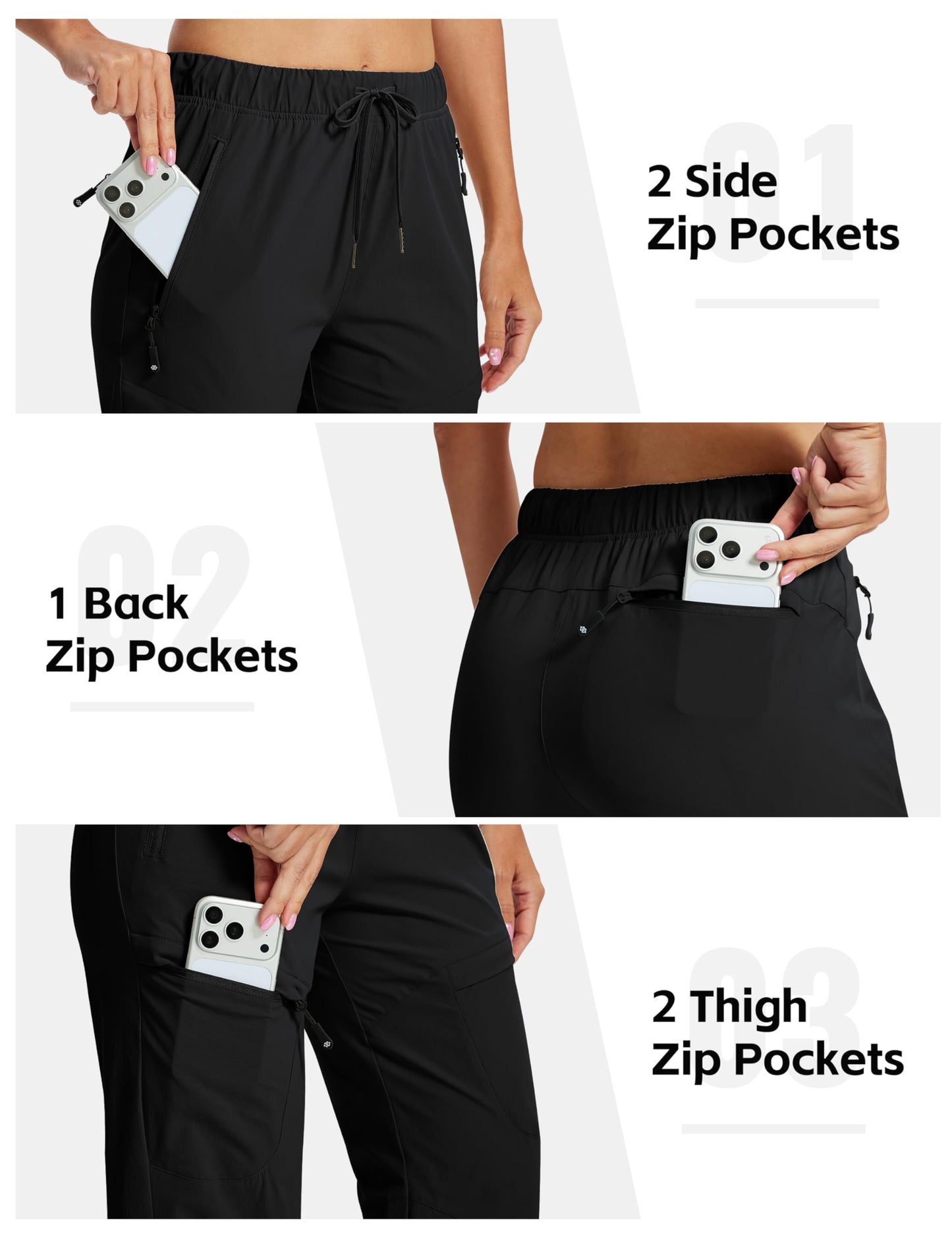 MoFiz Hiking Cargo Pants Womens Waterproof Lightweight Quick Dry Cargo Hiking Joggers Travel Outdoor Work Trip Stretchy with Zipper Pockets Black L