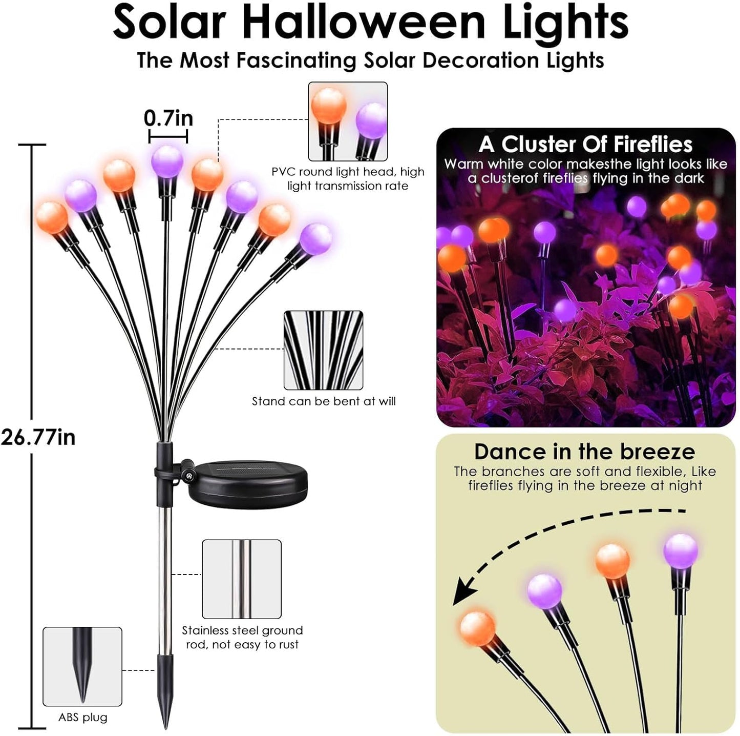 48 LED Solar Halloween Lights - 6 Pack Purple & Orange Waterproof Firefly Lights for Garden & Patio Decor