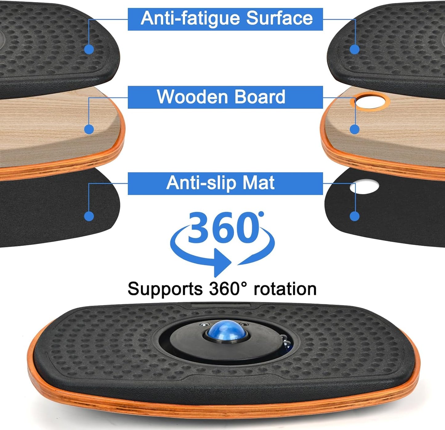 Skiennix Standing Desk Anti-Fatigue Mat - 360° Rotating Wooden Balance Board | Marble Finish for Home & Office