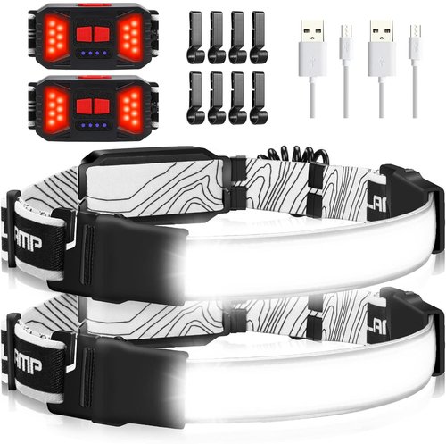 Rechargeable Headlamp, 230°Wide-Angle 1000 Lumens Headlamp Flashlight with Red Taillight 3 Light Modes Lightweight LED Head Lamp Adjustable Waterproof Head Light for Running Cycling (Black(2-Pack))