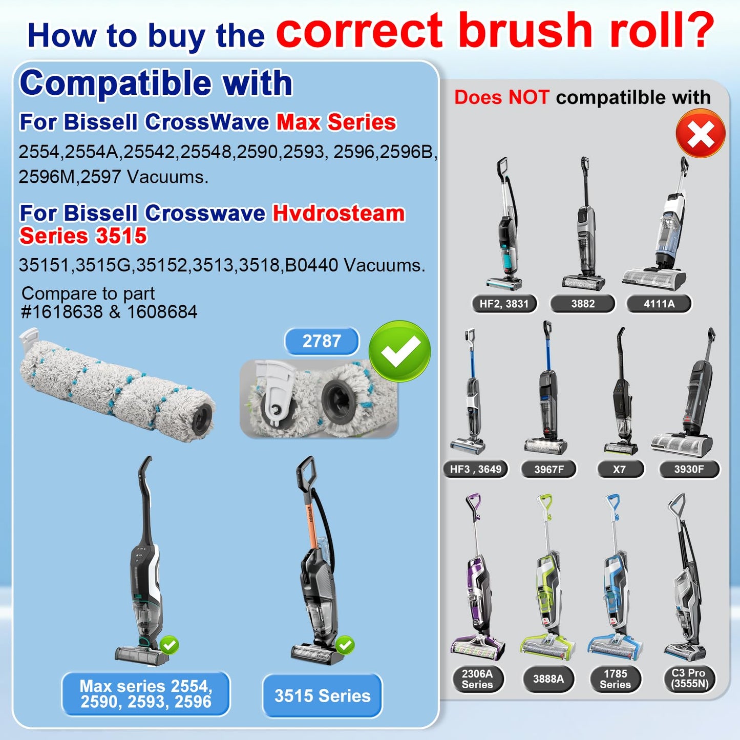 Lemige Brush and Filter Replacement Parts for Bissell CrossWave Max 2554 2590 2593 2596 for HydroSteam Plus 35151 3515 35152 3513 3518 Vacuum, 2 Pack Multi-Surface Brush Rolls 2787 Vacuum Filters 1866