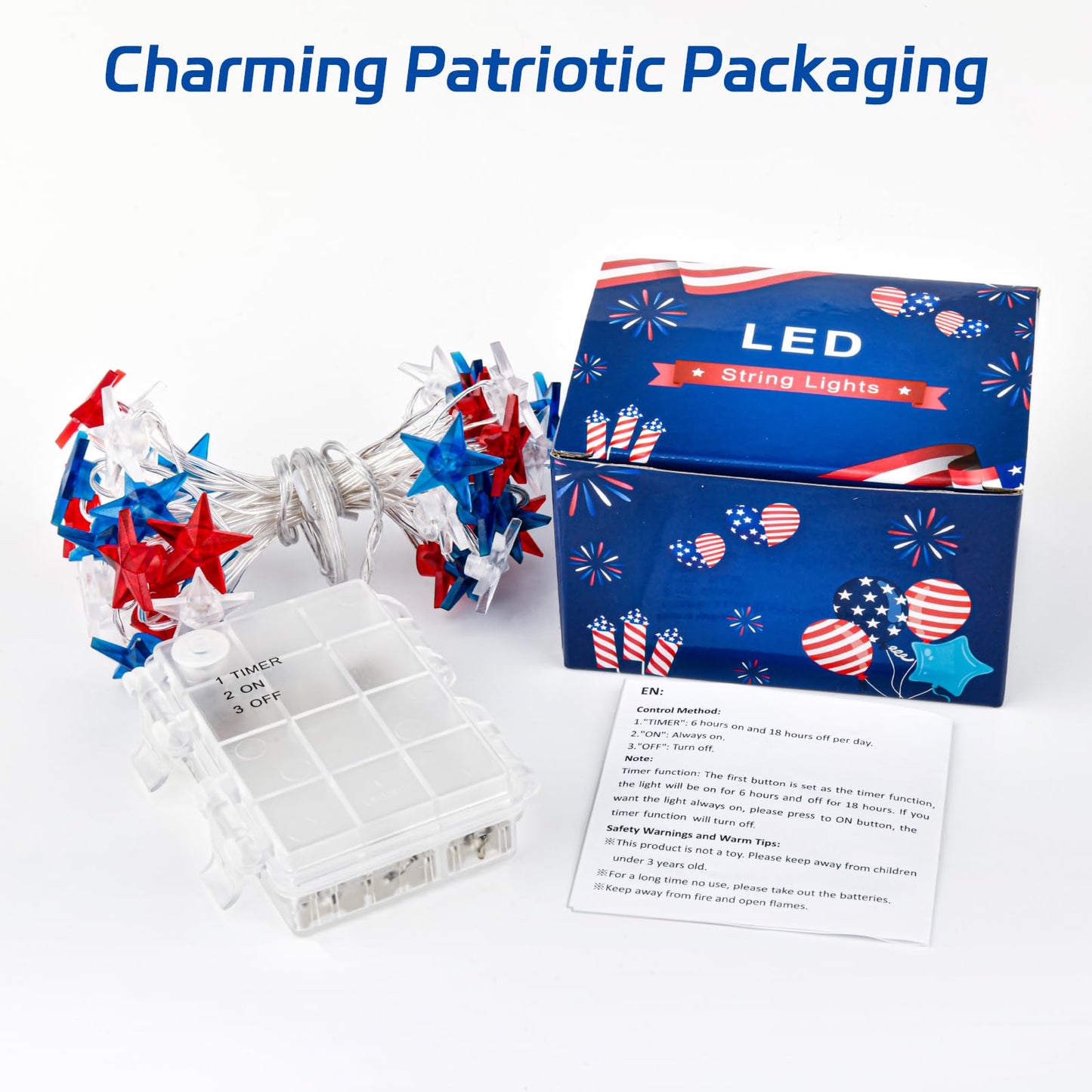 cshare 4th of July Lights Battery Operated, Red White and Blue Lights with Timer Outdoor Waterproof, 13ft 40LED Patriotic Star String Lights for Memorial Day Presidents Day Independence Day