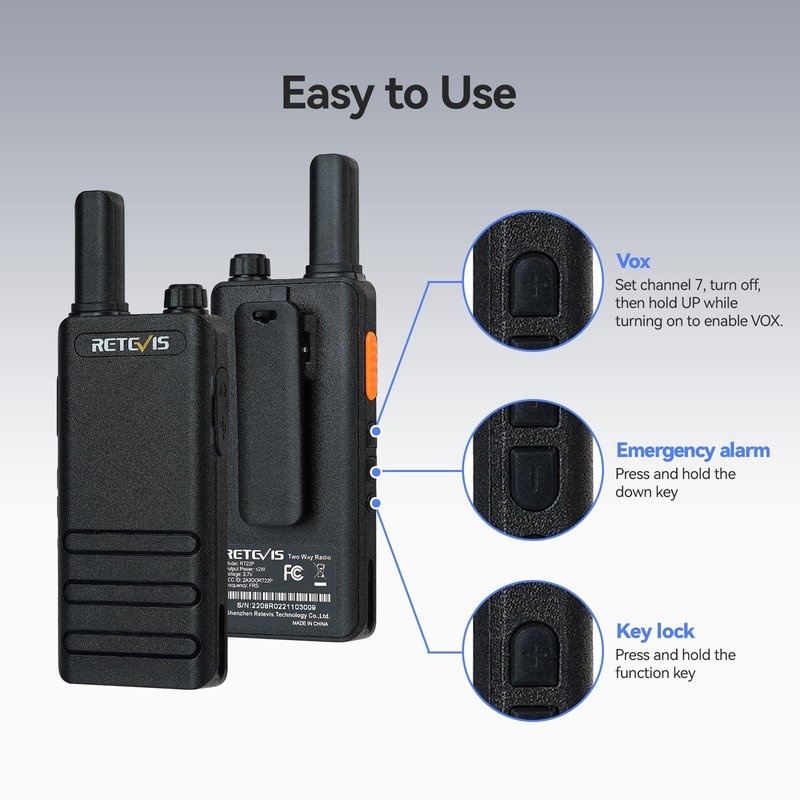 Retevis RT22P,New Version of RT22(2.0),Rechargeable Walkie Talkies for Adults,Compact FRS Two-Way Radios,VOX Handsfree,1620mAh Large Battery,USB C Charger,2 Way Radio for Small Store Hotel(4 Pack)