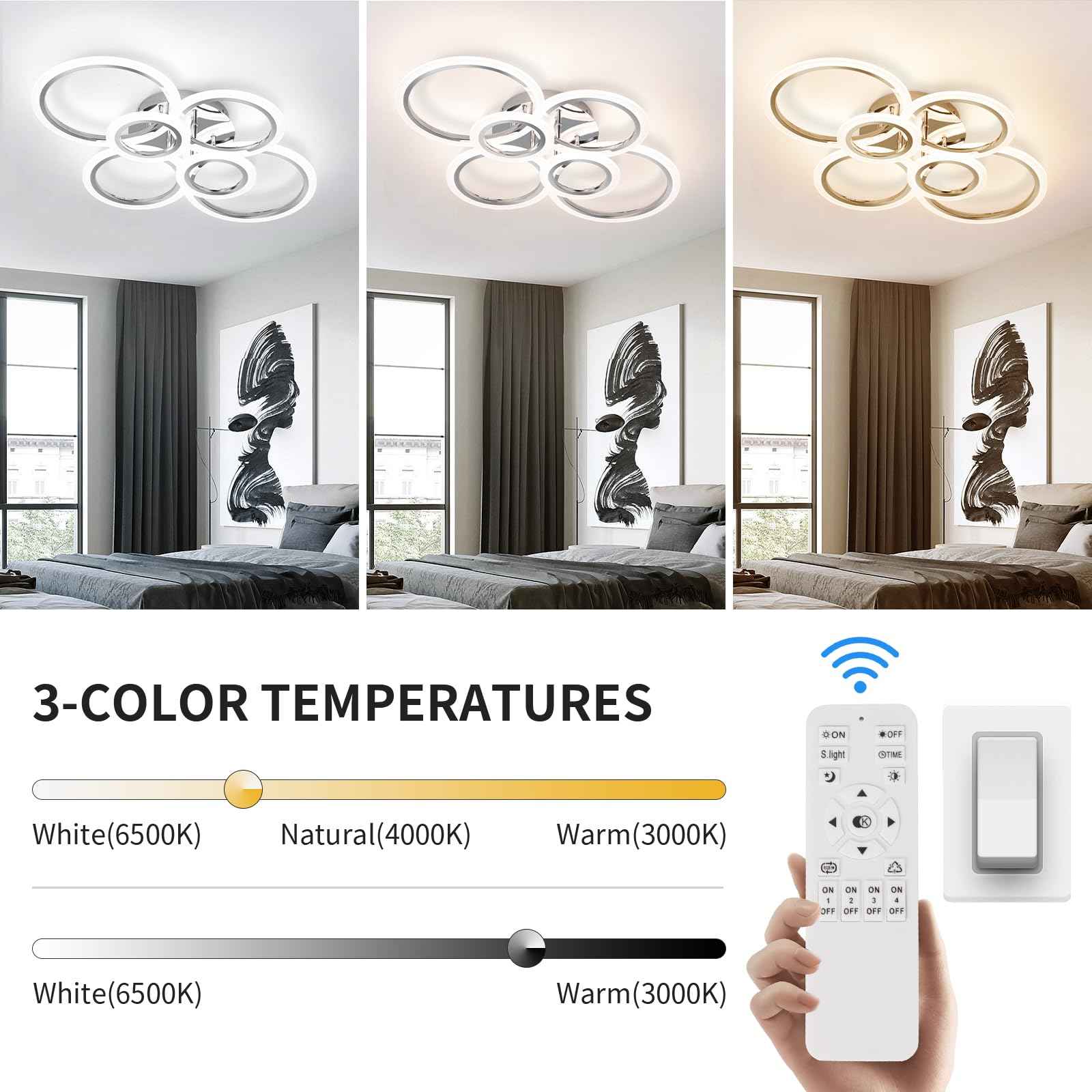 Vloitgol Modern LED Ceiling Light Fixture, 6 Rings Dimmable Flush Mount Ceiling Light with Remote, Acrylic Close to Ceiling Lighting Fixture for Low Ceiling Living Room Bedroom Kitchen (6 Heads)