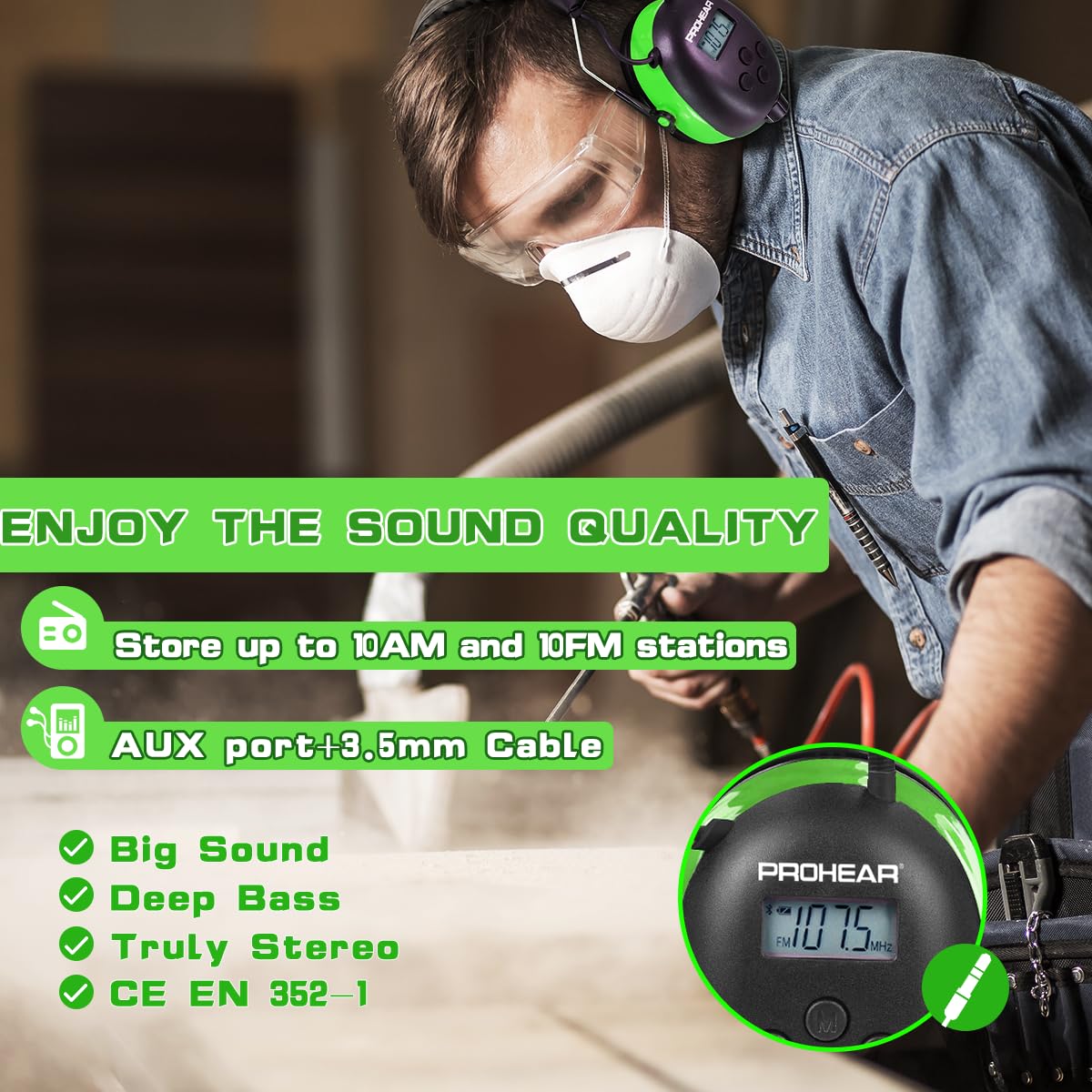 PROHEAR 027 AM FM Radio Headphones with Digital Display, 25dB NRR, Safety Ear Protection Earmuffs for Mowing, Snowblowing, Construction, Work Shops - Green