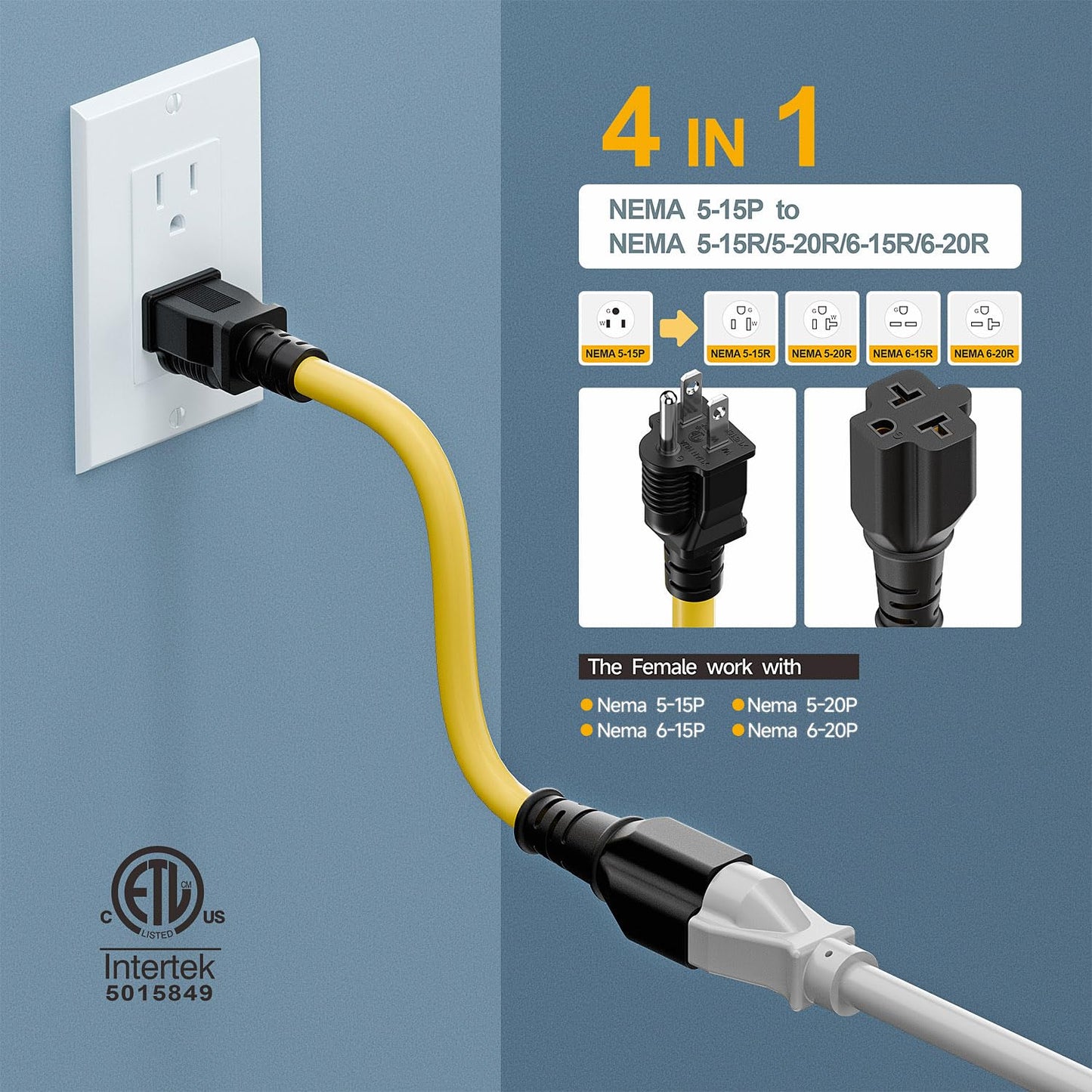 1-Foot Nema 5-15P to 4-in-1 Female Adapter Cable, 6-20R 12AWG Heavy Duty EV Charging Power Adapter,15A Household Plug to 6-20R T Blade Adapter Cord Yellow Cord