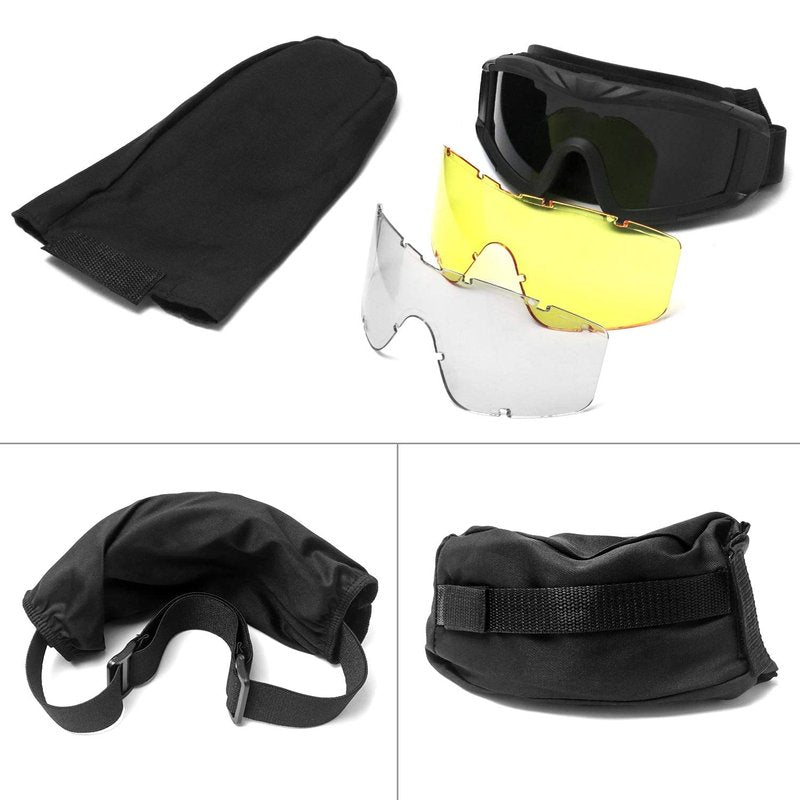 QWORK Outdoor Sports Military Airsoft Tactical Goggles with 3 Interchangable Lens for Riding, Black