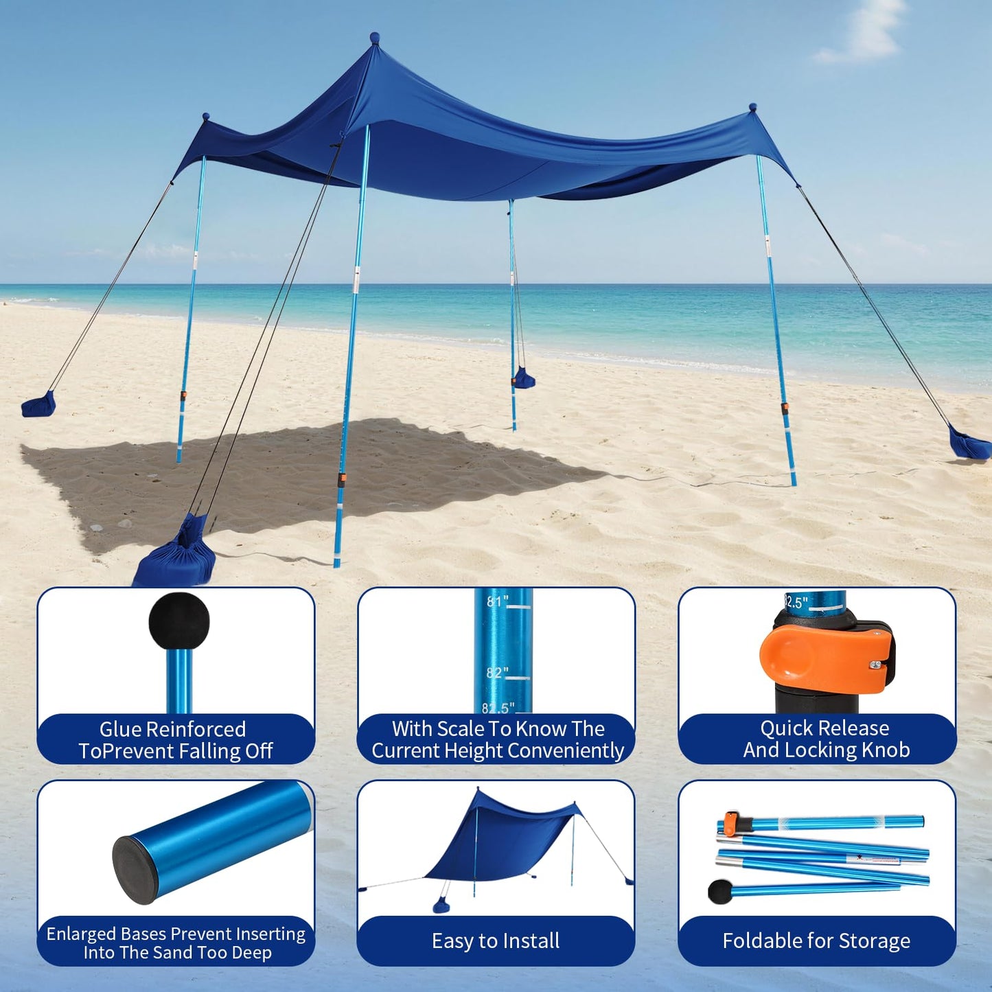 CROWN SHADES 10x10 Beach Tent Sun Shelter, Easy Pop Up Beach Canopy Shade, UPF50+, 4 Poles Adjustable, Dark Blue