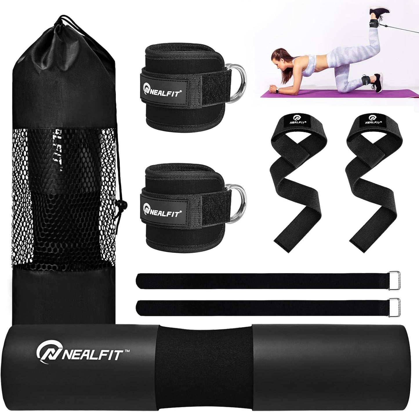 NEALFIT Barbell Pad Set - Heavy Duty Squat Pad with Lifting & Ankle Straps for Weightlifting | Home Gym Essentials