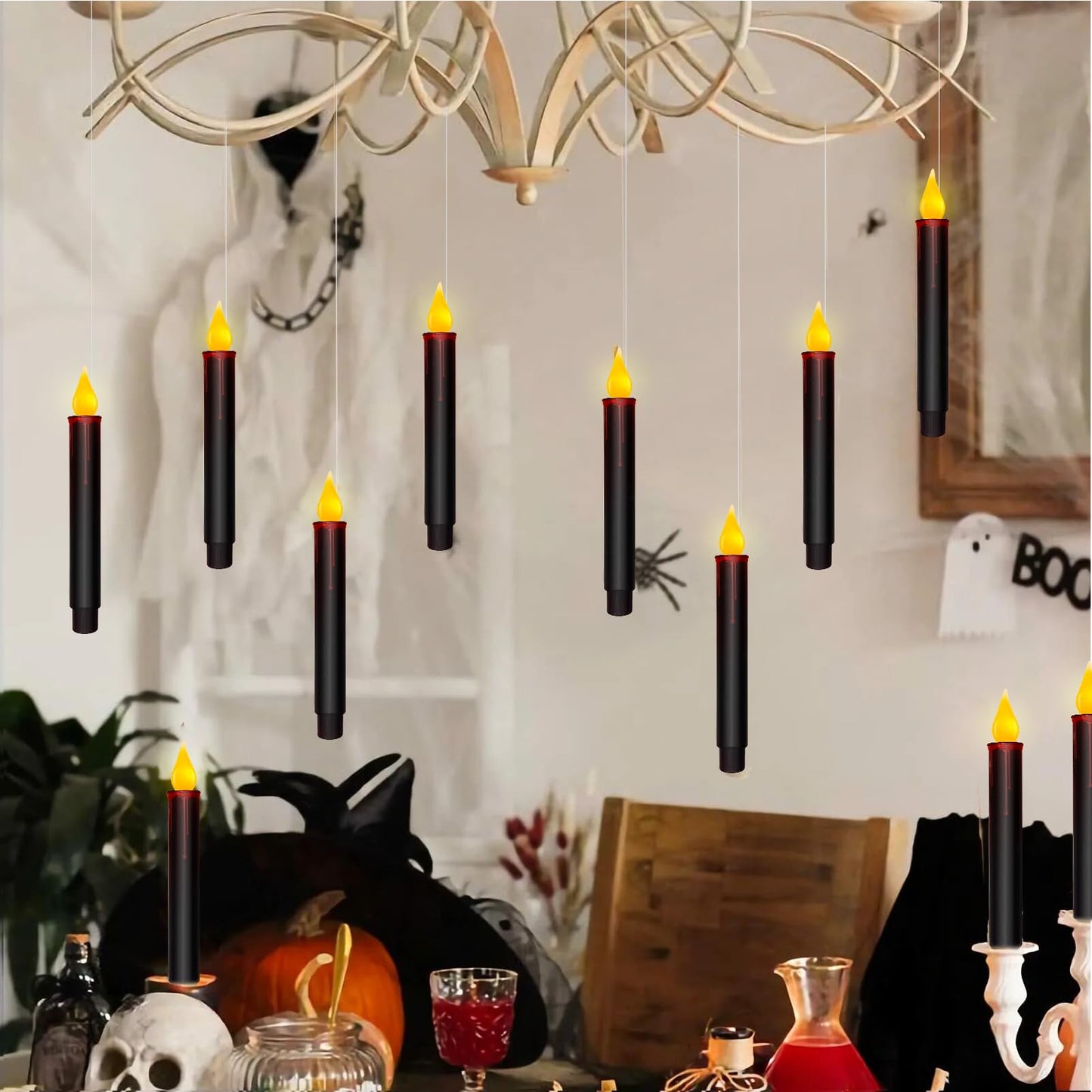 Halloween Decorations Candles Lights, 10 Pcs Christmas Black Floating Candles with Remote, Hanging Flickering Warm Flameless Candles LED Battery Operated Candles for Indoor Halloween Christmas Party