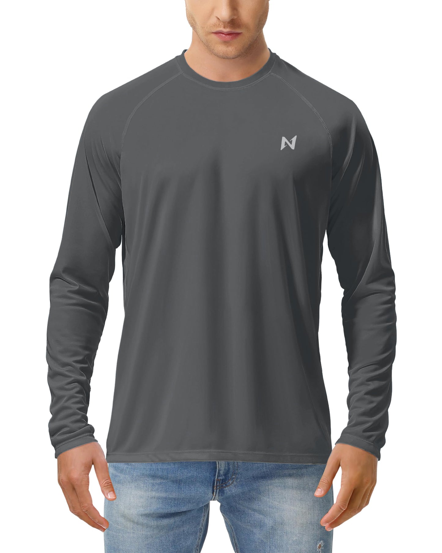 isnowood Sun Protection Shirts for Men, UPF 50+ Long Sleeve, UV Quick Dry Rash Guard Swim Shirt for Fishing Hiking Running Dark Grey