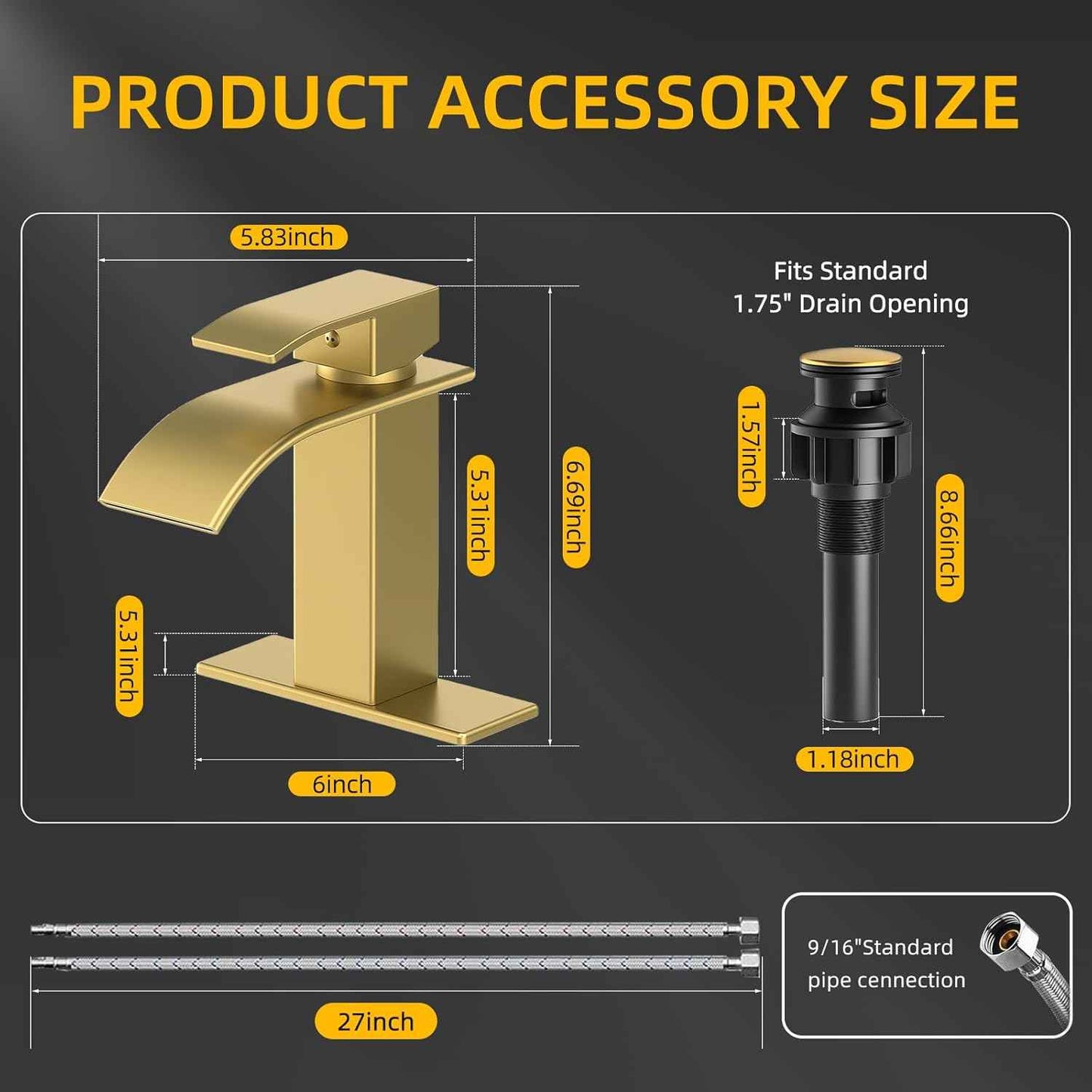 Modern Brushed Gold Bathroom Faucet with Waterfall Spout & Pop-Up Drain - Single Handle Vanity Sink Faucet