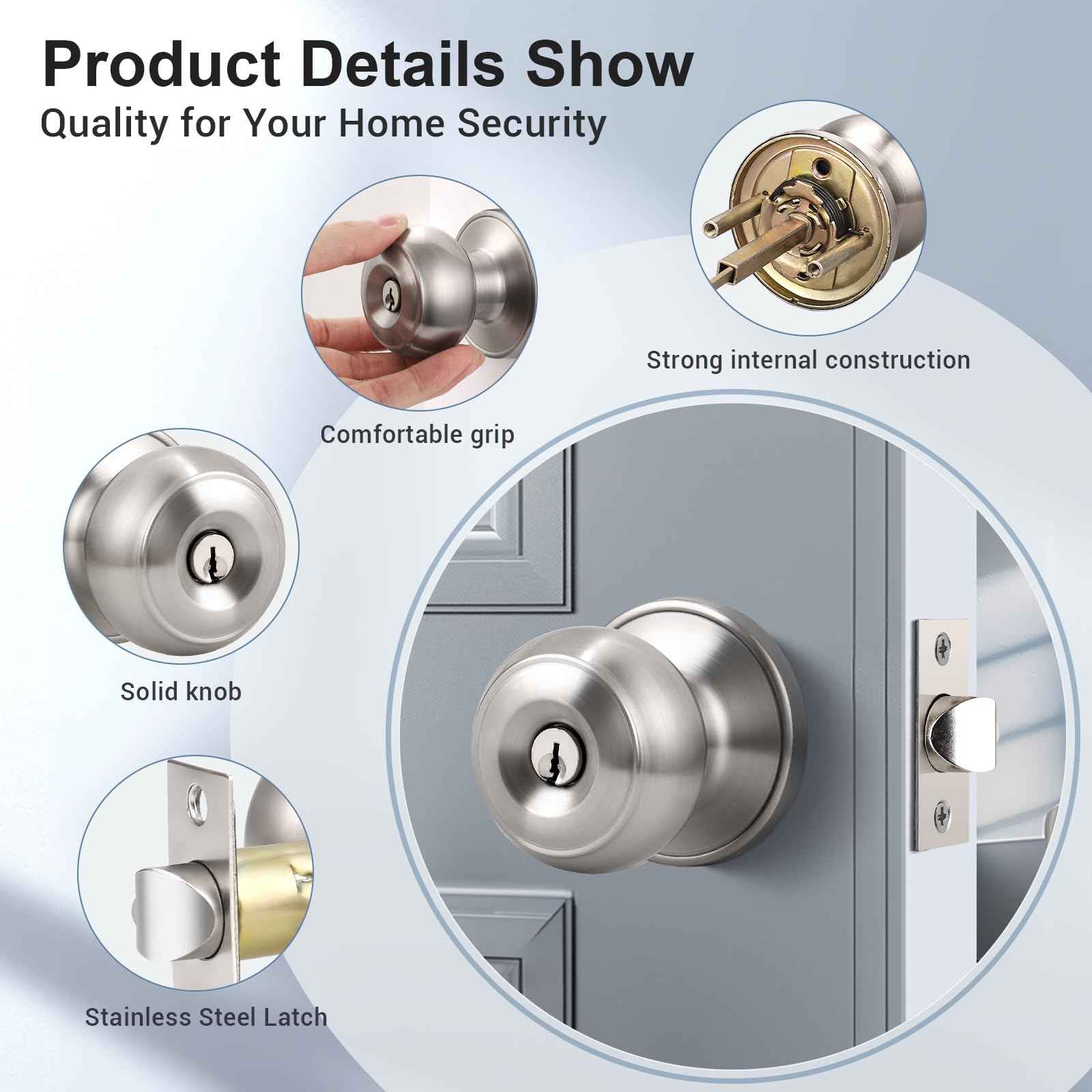 KNOBWELL 2 Pack Brushed Nickel Door Knob with Lock and Key, Keyed Alike, Exterior Keyed Door Knobs Lock with Same Keys in Solid Stainless Steel for Entrance and Front Door, Round Ball Handle