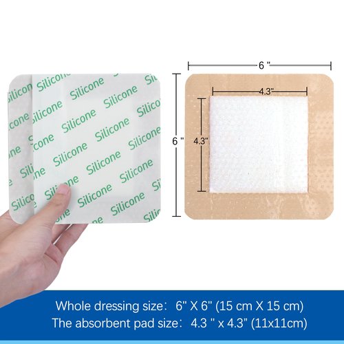 LotFancy Silicone Foam Dressing, 6"x 6" (4.3" x 4.3" Pad), 10 Count, Medical Sterile Wound Dressing with Border, Bed Sores, Pressure Ulcers Healing Bandage Pad, Highly Absorbent, Waterproof