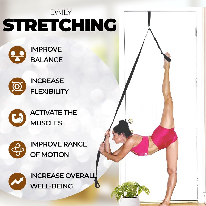 Pilates Stretching Strap with Door Anchor - Flexibility Equipment for Pilates Practitioners - Ideal for Improving Leg Flexibility, Core Stability, and Posture Alignment at Home (Black)