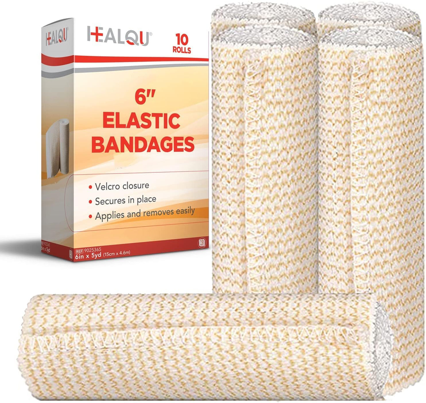 HEALQU Premium Elastic Bandage - Self-Closure Compression Wrap for Legs, Knees, Ankles, Wrists, Elbows, Shoulders - 6 Inch by 5 Yards, Box of 10 Rolls Athletic Stretchable Bandage Wrap