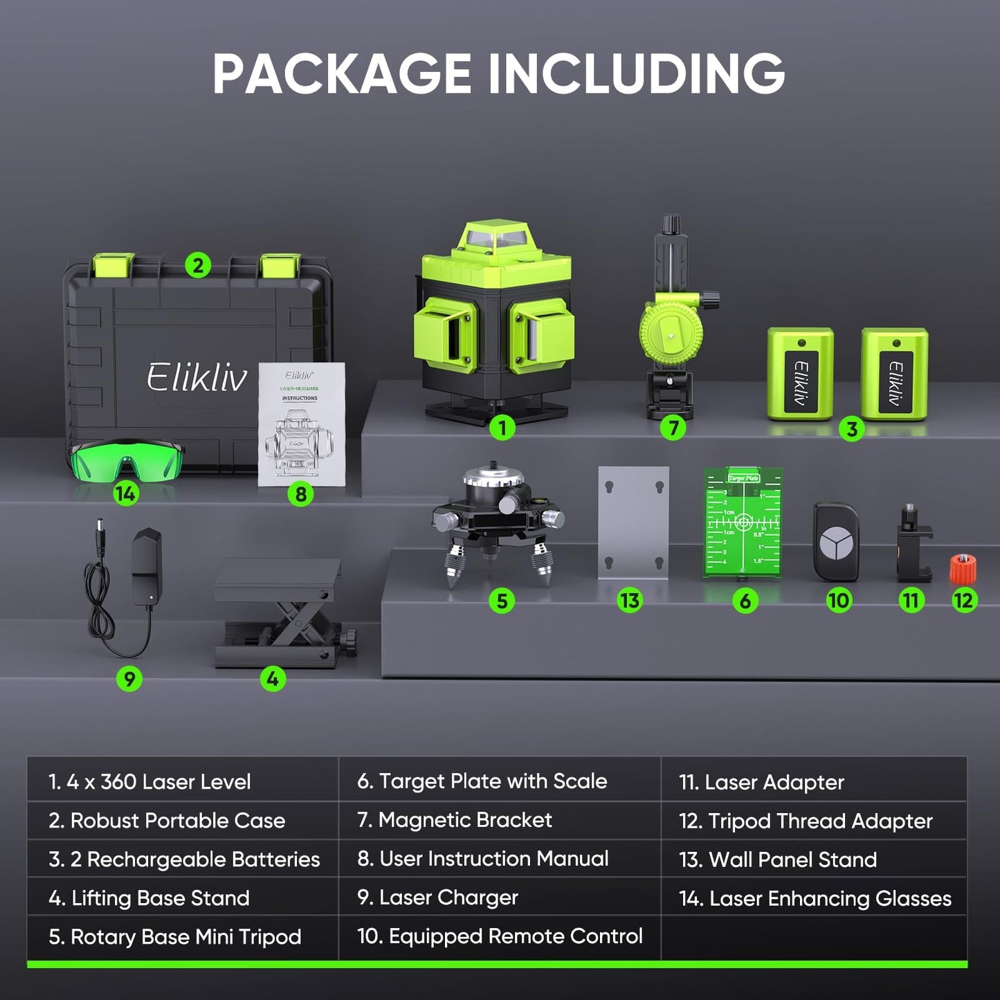 Laser Level Self Leveling - Elikliv 200ft Robust Indoors 4D Green Cross Line Laser Level 4x360 Horizontal Vertical Dual-beam Lasers for DIY or Professional Job Site Integrated Bracket Included