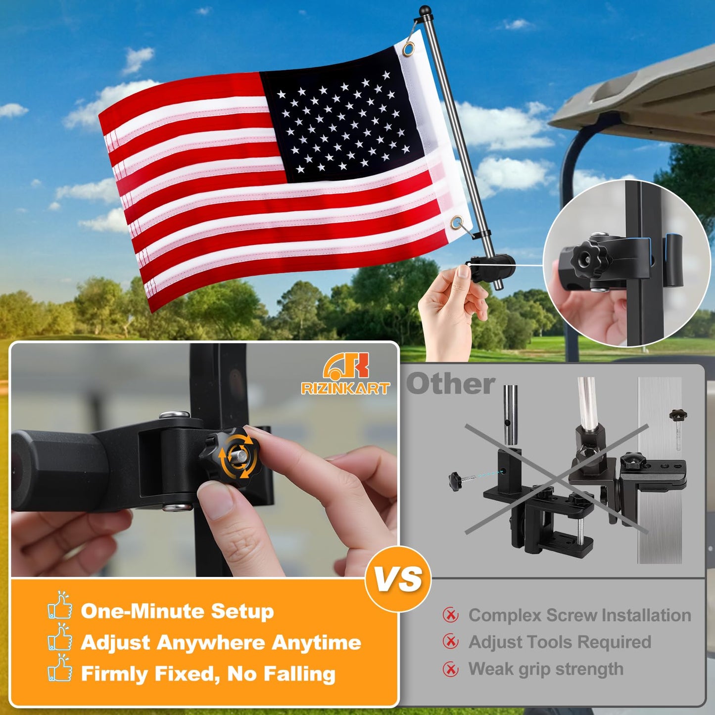 2Pcs Golf Cart Flag Pole Kit, 360° Adjustable Golf Cart Flag Holder, Universal Fit for Golf Cart/Boat/ATV/UTV, Stainless Steel Flag Pole with USA Flag (12"×18"), for 0.59"-1.25" Round/Square Rail