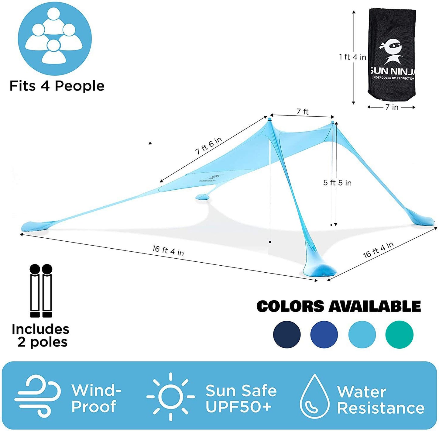 SUN NINJA Pop Up Beach Tent Sun Shelter UPF50+ with Sand Shovel, Ground Pegs and Stability Poles, Outdoor Shade for Camping Trips, Fishing, Backyard Fun or Picnics (7x7.5 FT 2 Pole, Turquoise)